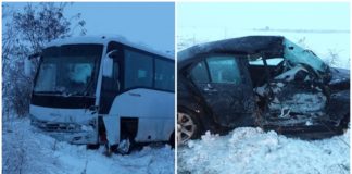 Accident la ieșirea din Slatina între un microbuz cu 10 persoane și un autoturism