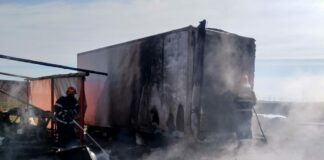 FOC în Curtișoara. Incendiul amenința cu propagarea de la o rulotă și un container de cereale la o stână și furaje