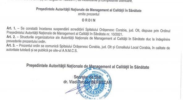 spital corabia ordin suspendare încetare