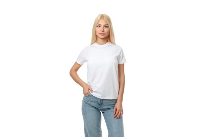Woman,In,A,White,T-shirt,And,Blue,Jeans,Stands,Tall,